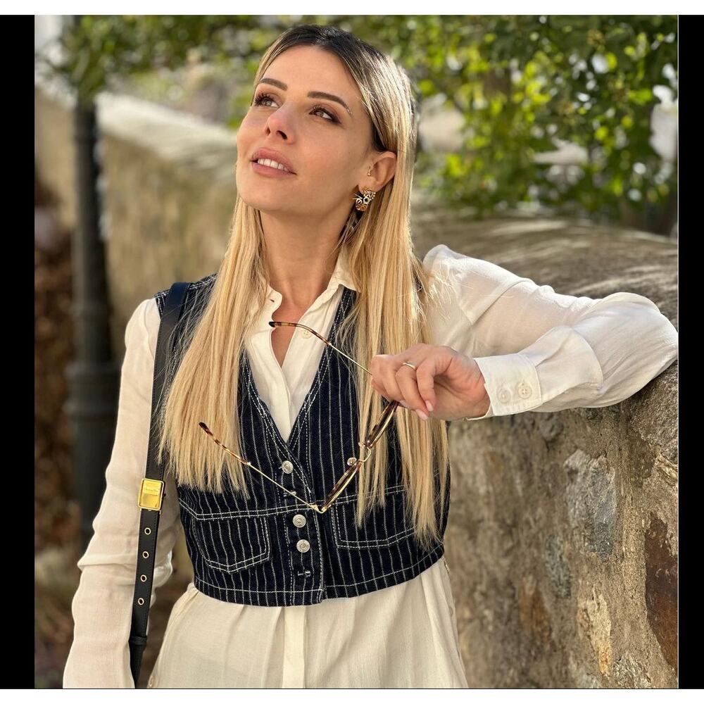 ZARA Cropped Sleeveless Vest NWT | Striped Button-Front Denim Look M